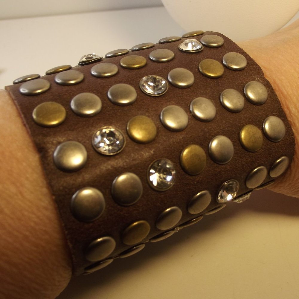 Genuine Leather Bracelet with Silver/Brass Tone studs & large rhinestones